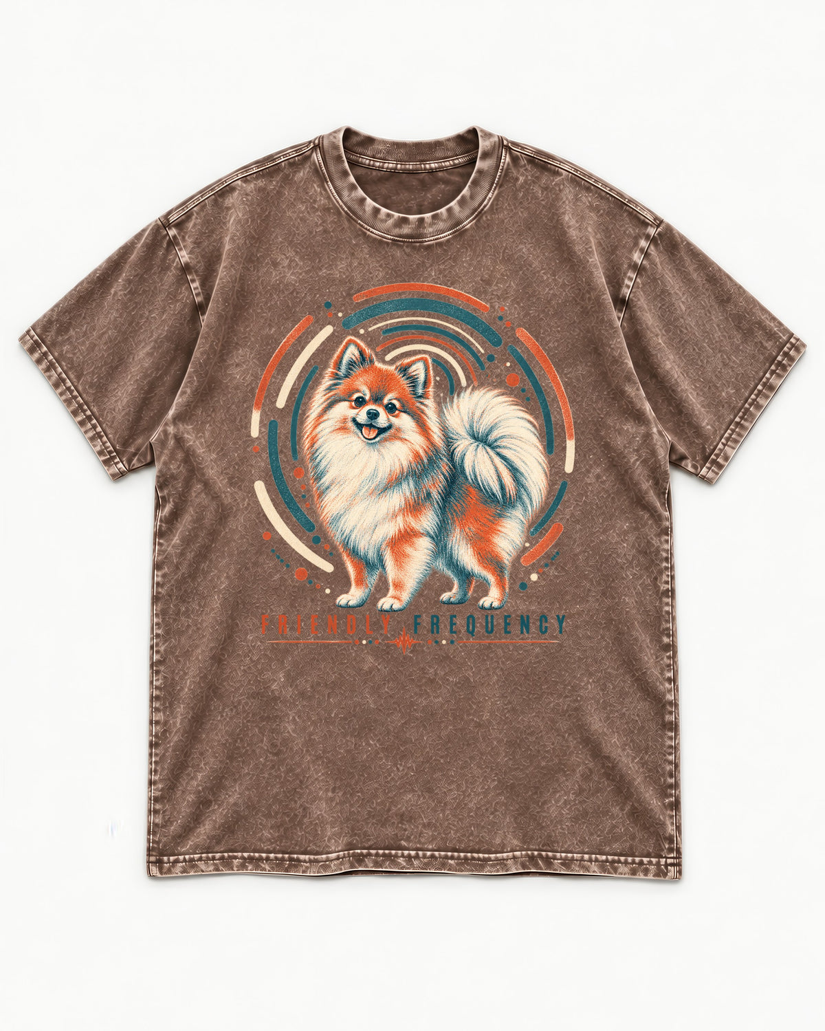 Friendly Frequency Pomeranian Washed Tee in Coffee, flat lay product photo