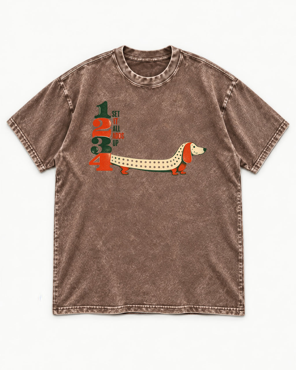 Dachshund Adds Up Washed Tee in Coffee, flat lay product photo
