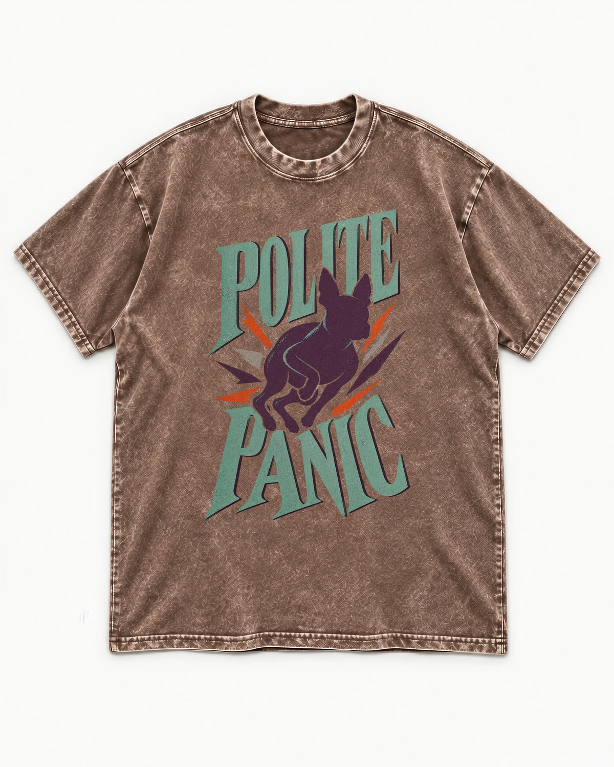 Polite Panic Boston Terrier Washed Tee in Coffee, flat lay product photo