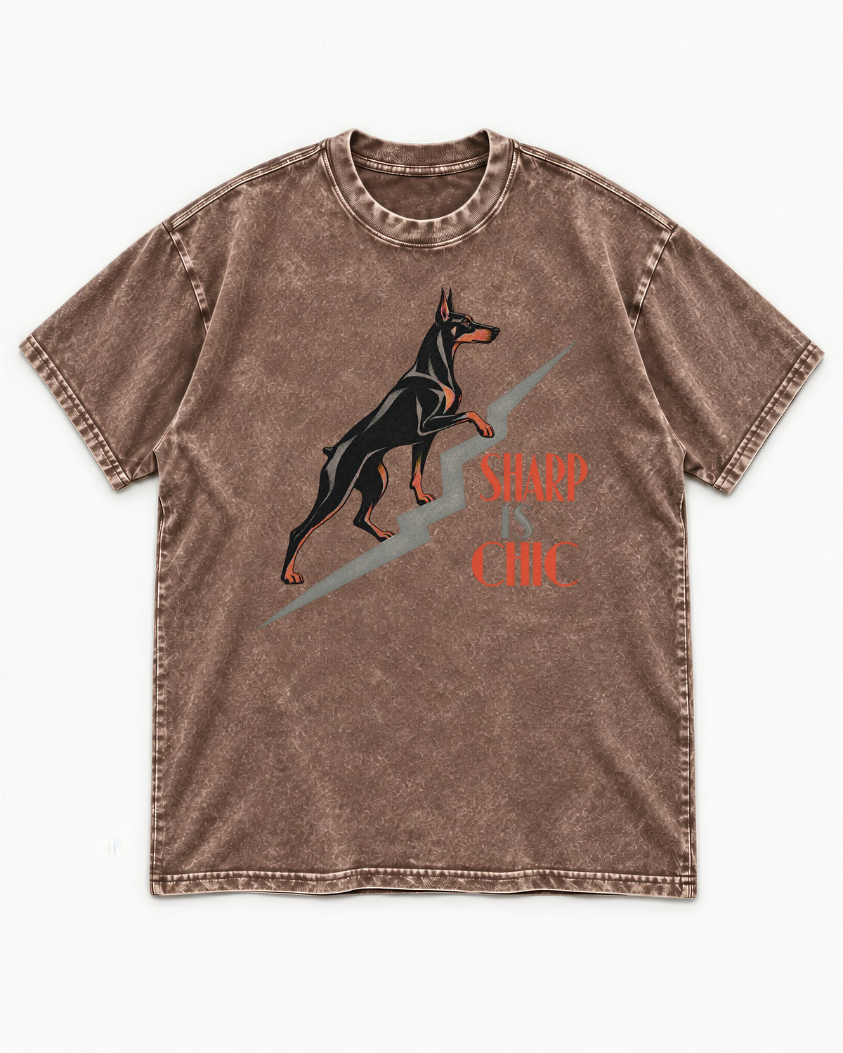 Doberman Is Chic Washed Tee in Coffee, flat lay product photo