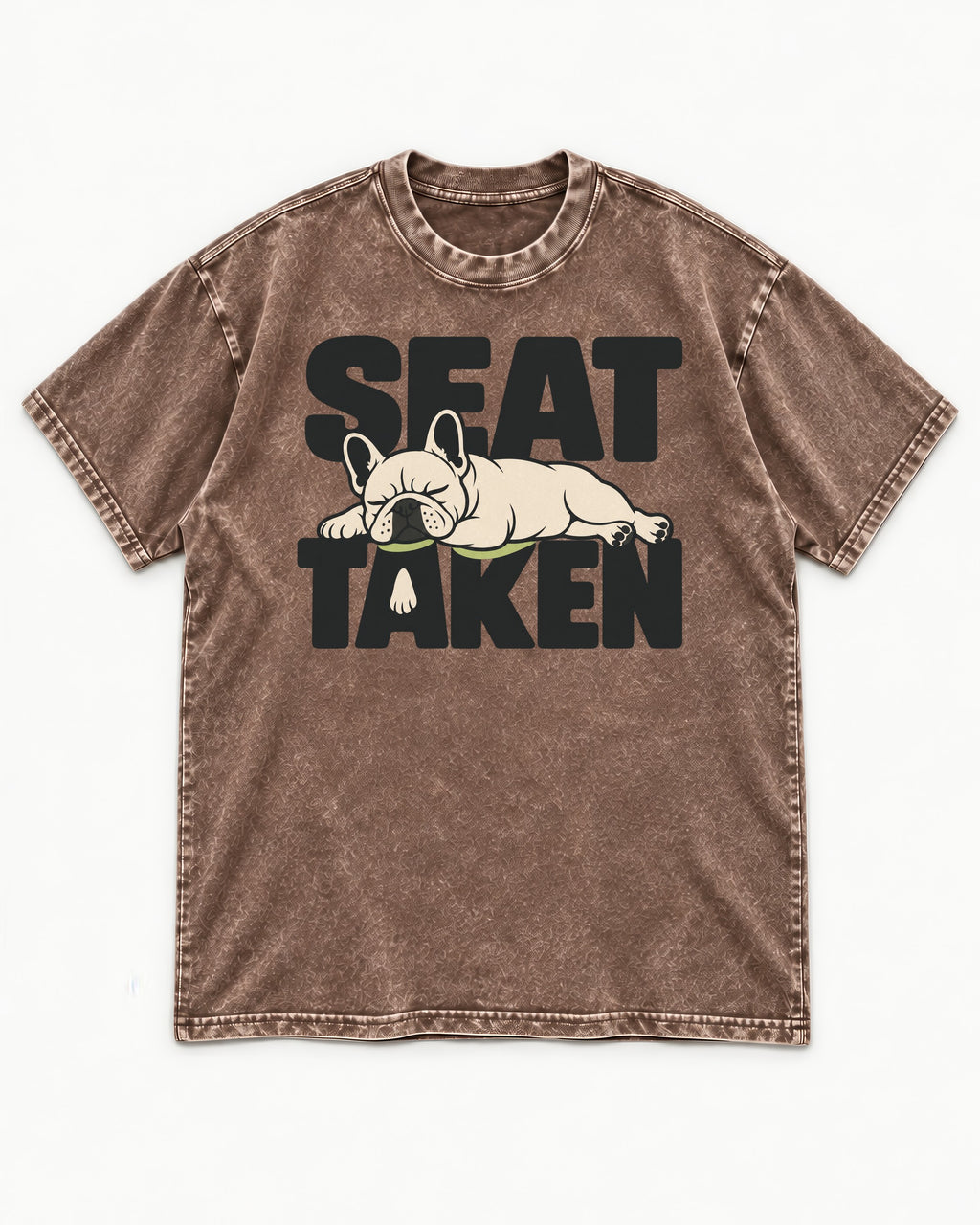 Seat Taken by Frenchie Washed Tee in Coffee, flat lay product photo