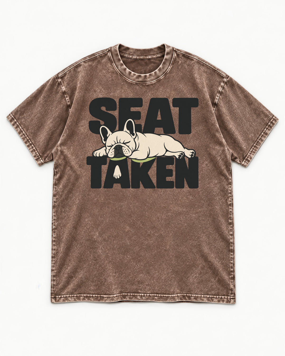 Seat Taken by Frenchie Washed Tee in Coffee, flat lay product photo