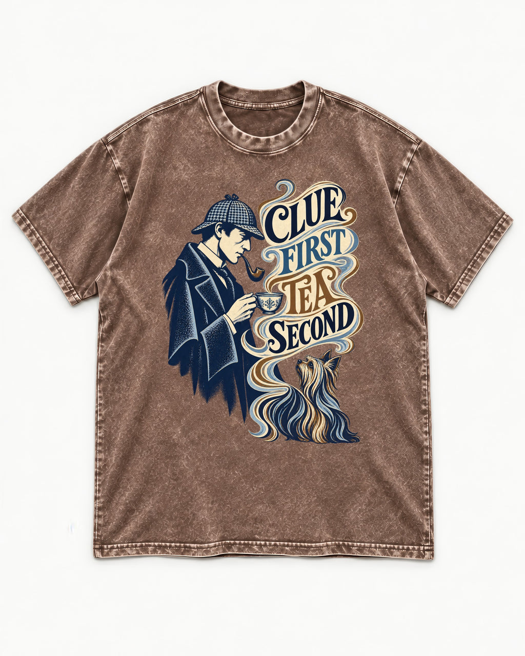 Yorkshire Terrier Clue First Tea Second Detective Graphic Washed Tee in Coffee, flat lay product photo