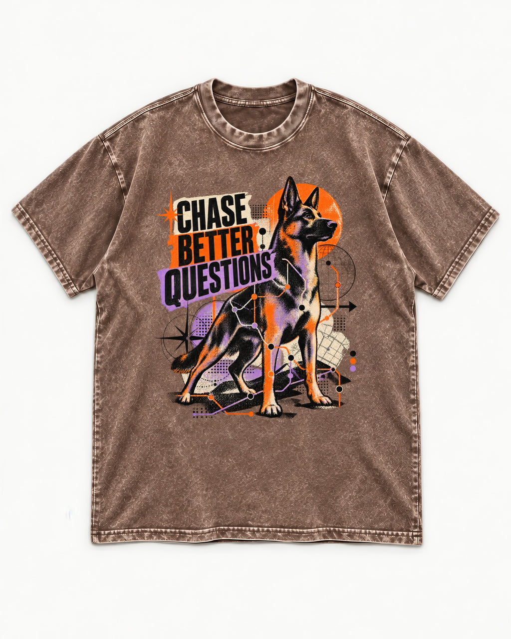 Chase Better Questions German Shepherd Dog Washed Tee in Coffee, flat lay product photo