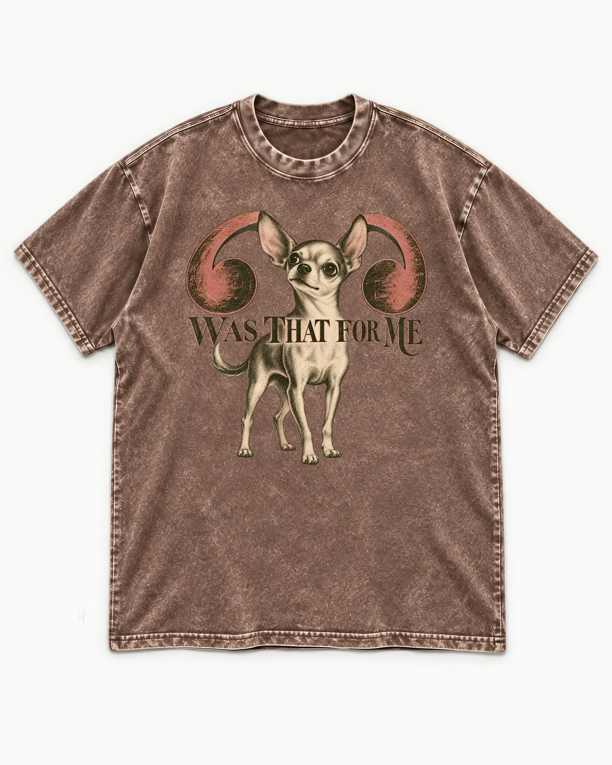 Chihuahua Was That for Me Washed Tee in Coffee, flat lay product photo