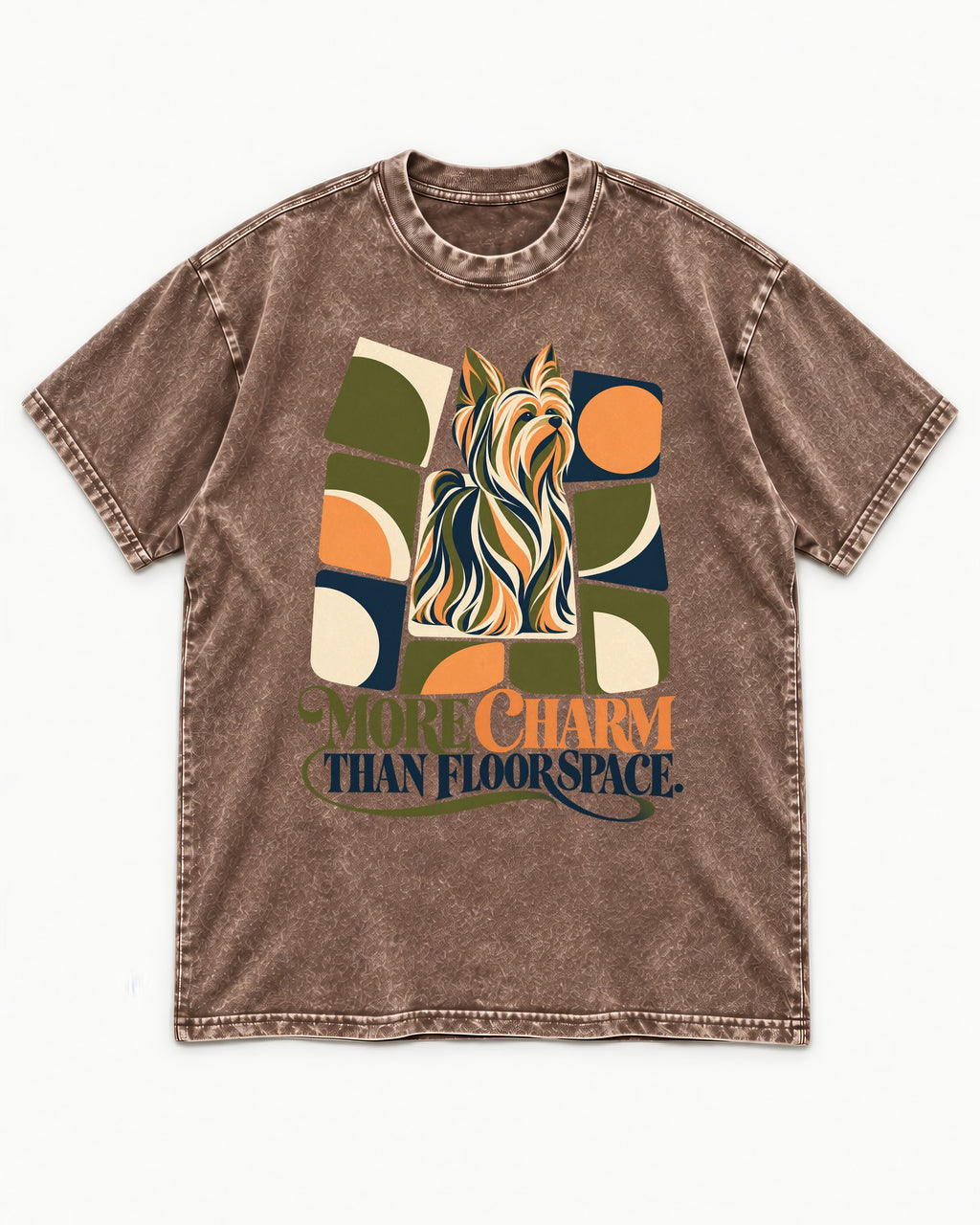 Yorkshire Terrier More Charm Than Space Washed Tee in Coffee, flat lay product photo