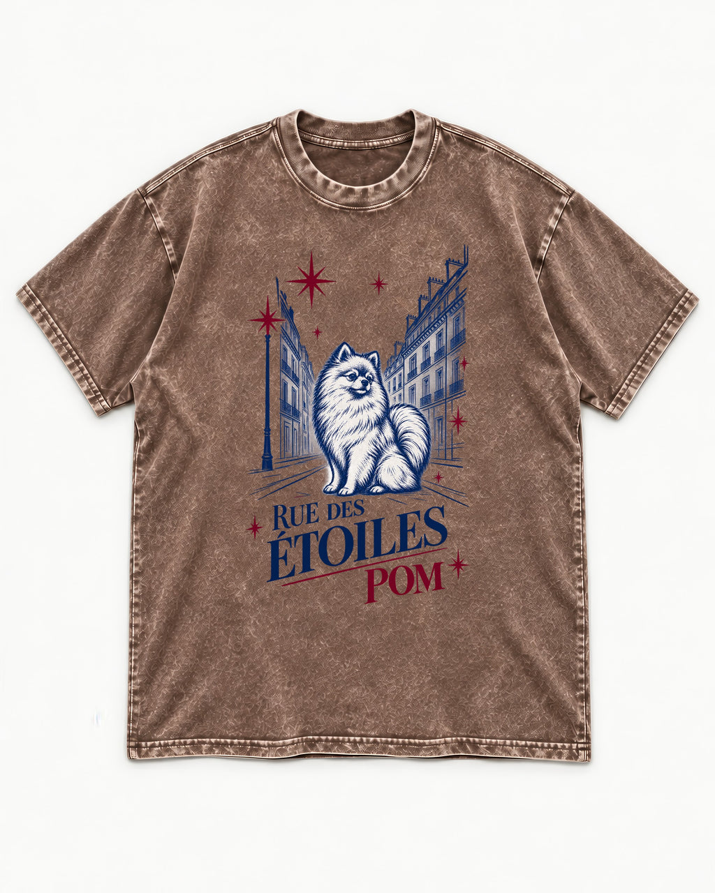 Pomeranian Among the Stars Washed Tee in Coffee, flat lay product photo