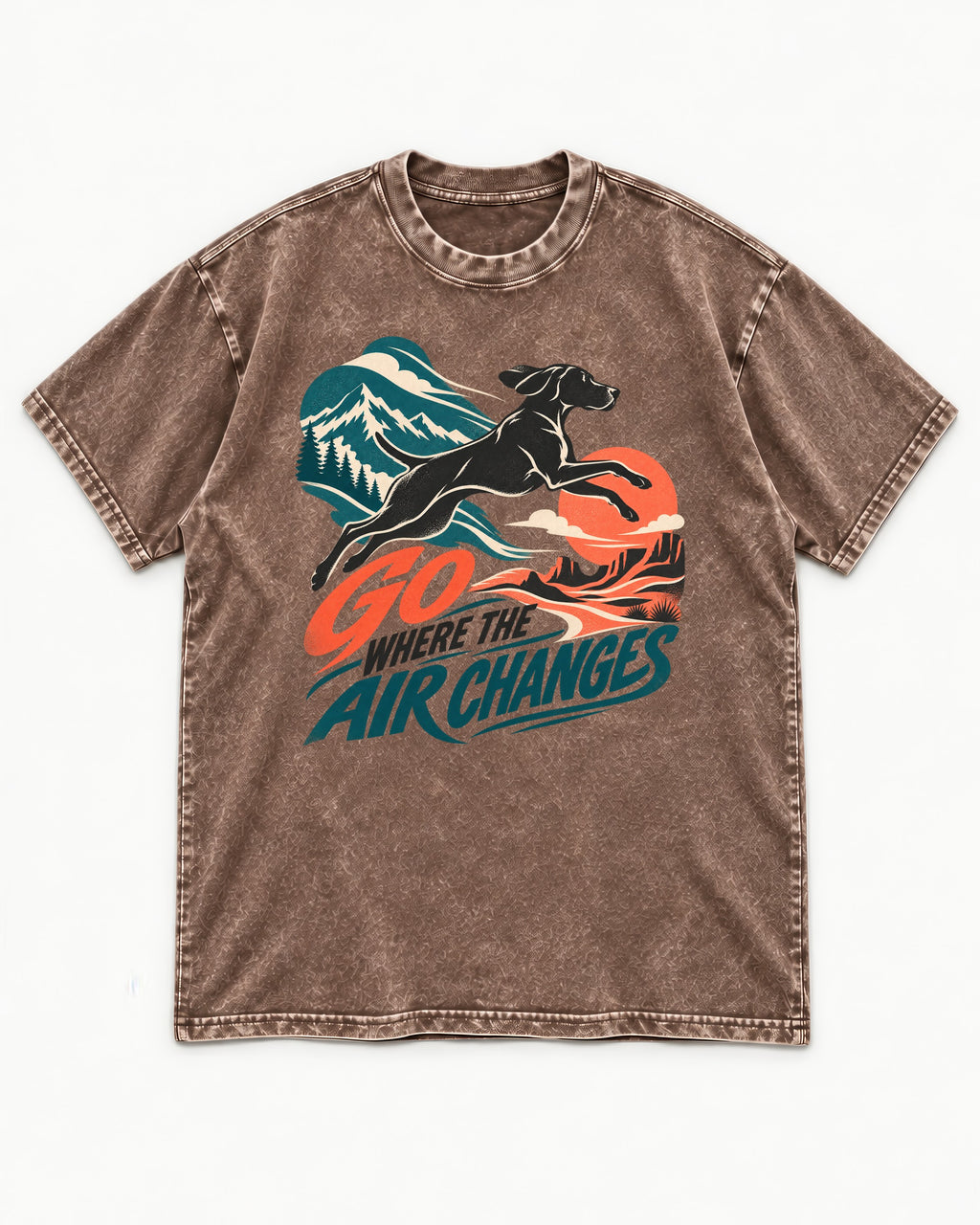 German Shorthaired Pointer Where the Air Changes Washed Tee in Coffee, flat lay product photo