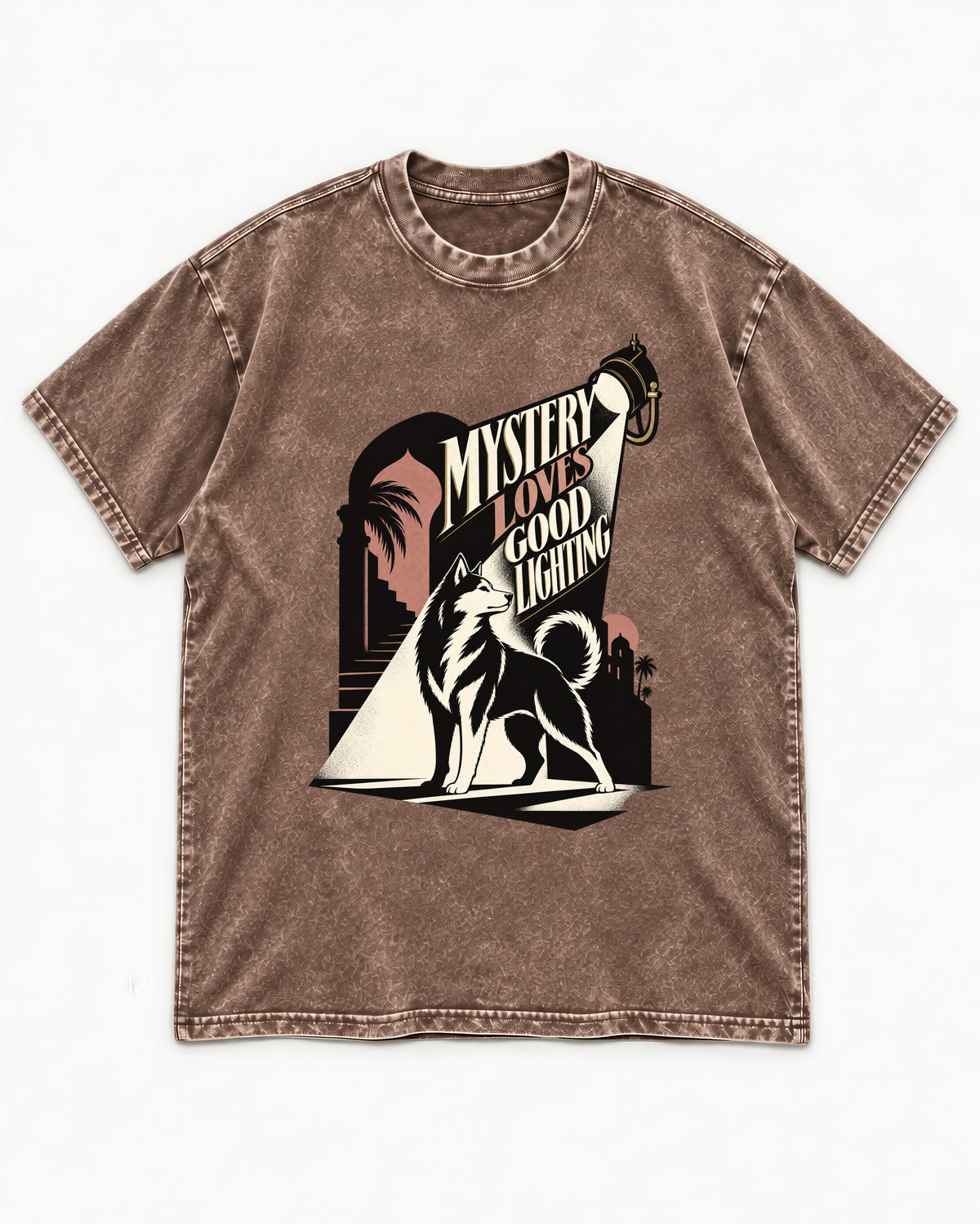 Husky Loves Good Lighting Washed Tee in Coffee, flat lay product photo