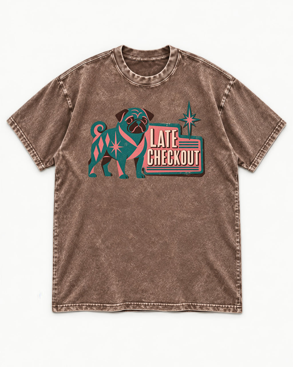 Pug's Late Checkout Washed Tee in Coffee, flat lay product photo