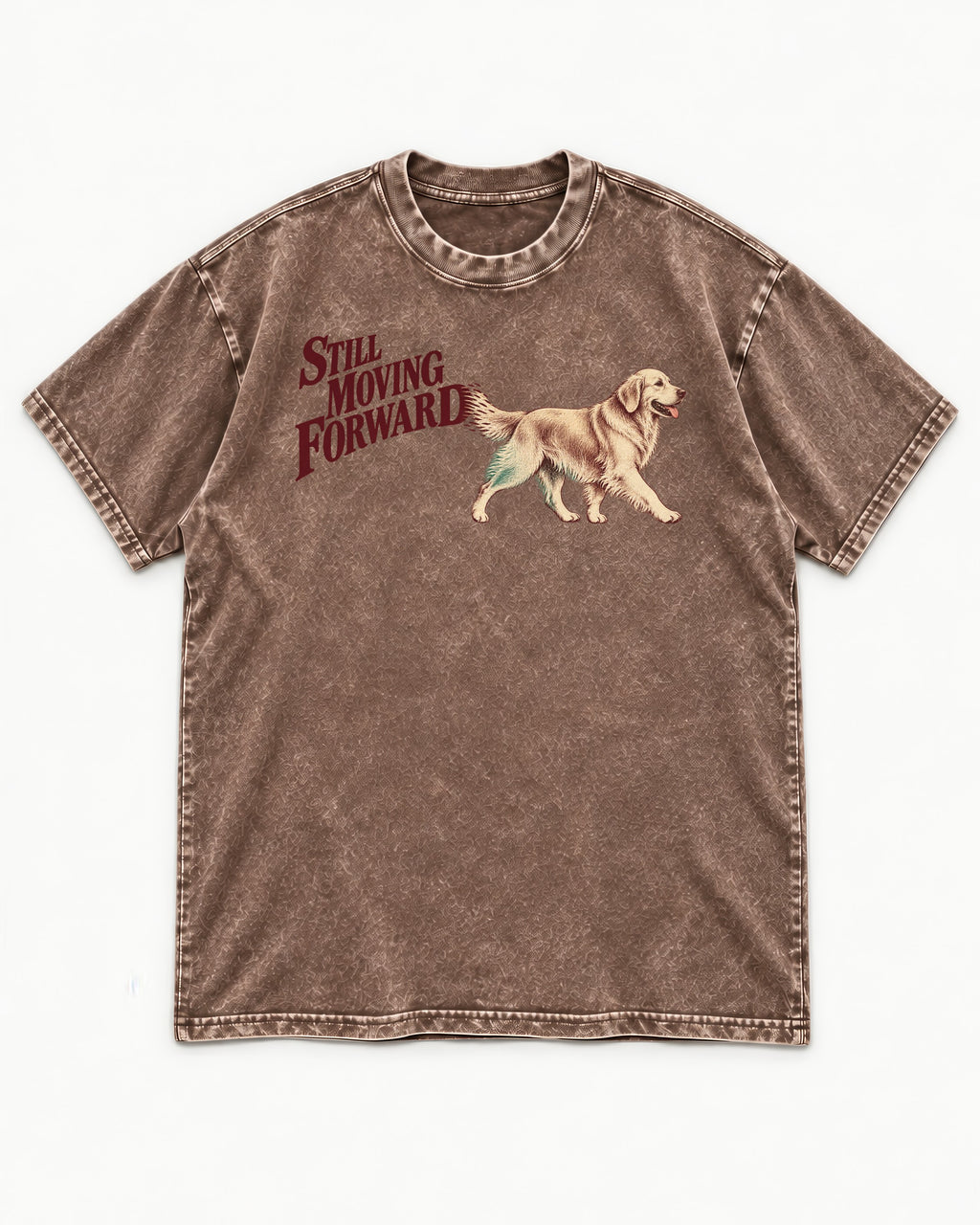 Golden Retriever Still Moving Forward Washed Tee in Coffee, flat lay product photo
