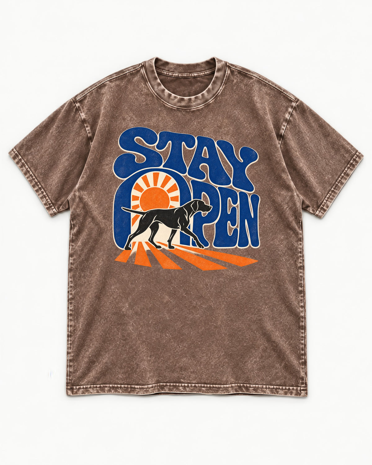 Stay Open German Shorthaired Pointer Washed Tee in Coffee, flat lay product photo