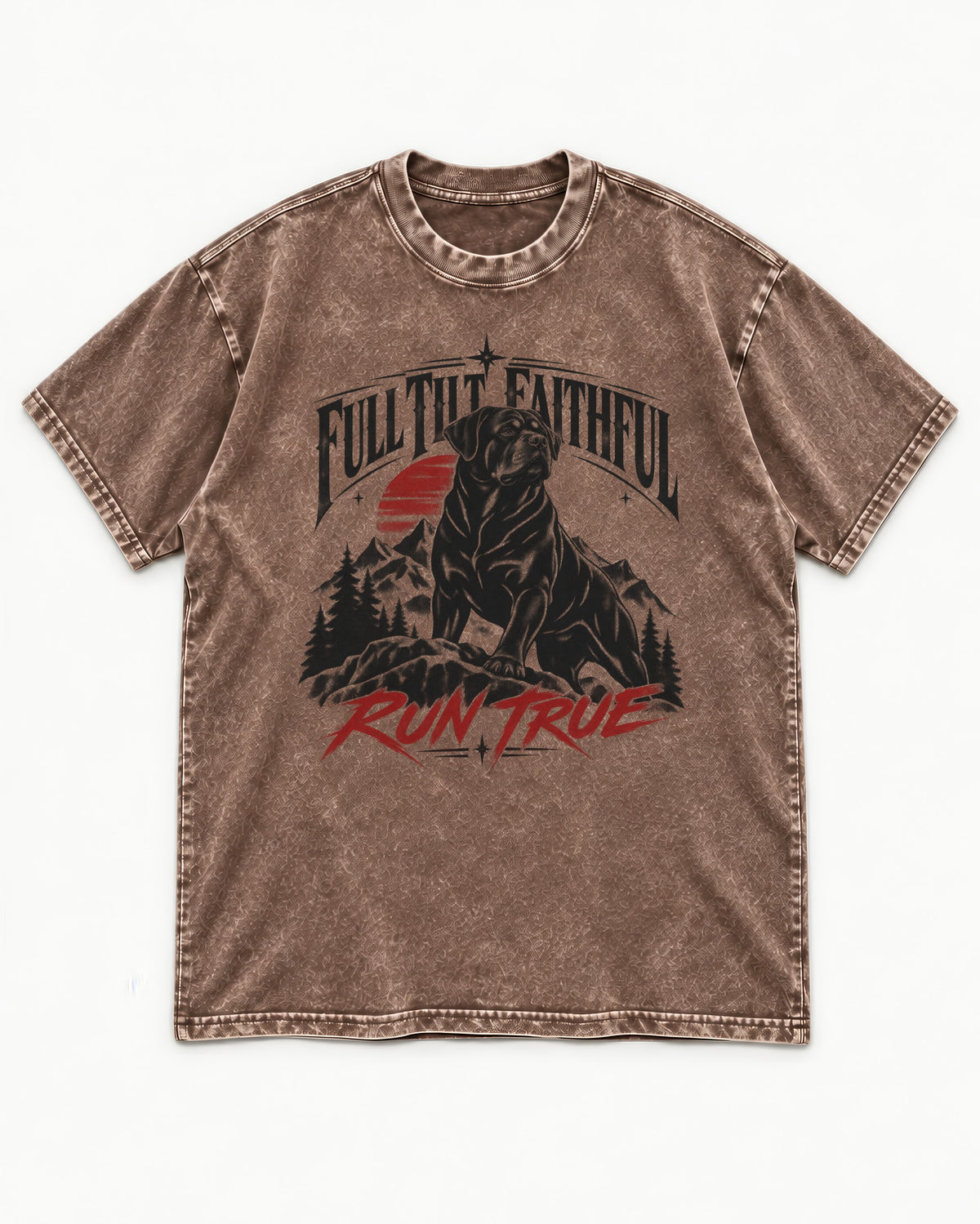 Run True Rottweiler Washed Tee in Coffee, flat lay product photo