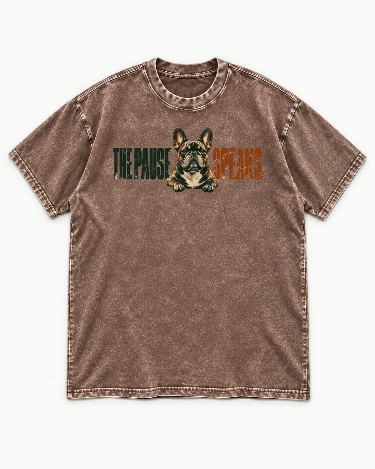 The Frenchie Pause Speaks Washed Tee in Coffee, flat lay product photo