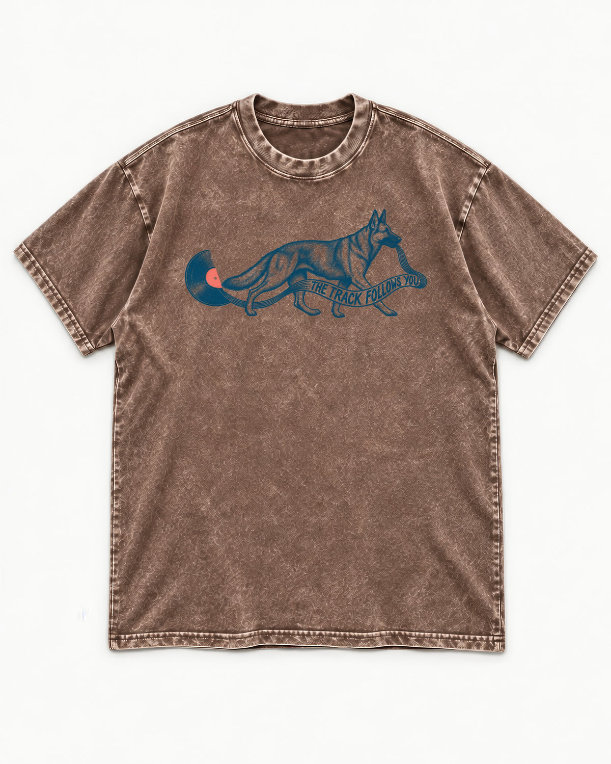German Shepherd Dog The Track Follows You Washed Tee in Coffee, flat lay product photo