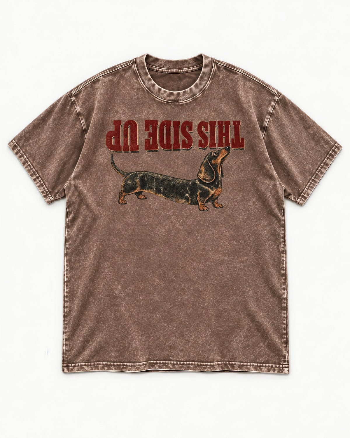 Dachshund This Side Up Upside-Down Graphic Washed Tee in Coffee, flat lay product photo