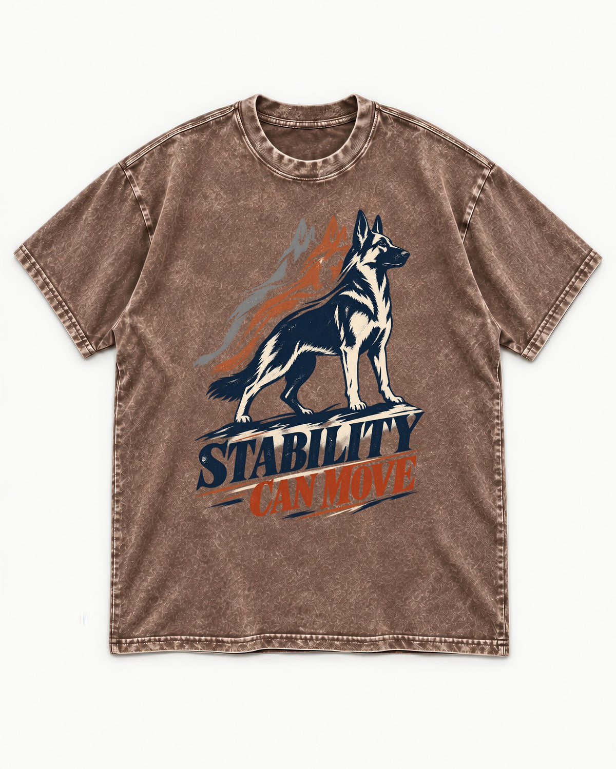 Stability Can Move German Shepherd Dog Washed Tee in Coffee, flat lay product photo