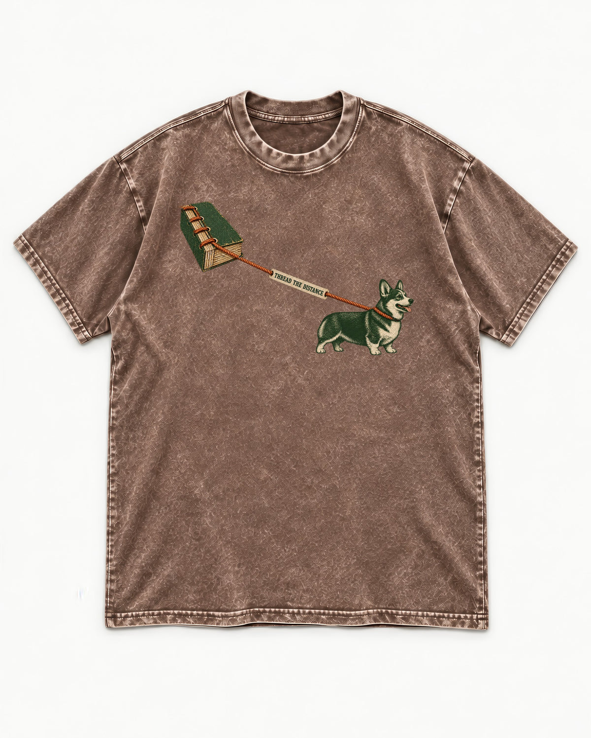 Thread the Distance with Corgi Washed Tee in Coffee, flat lay product photo