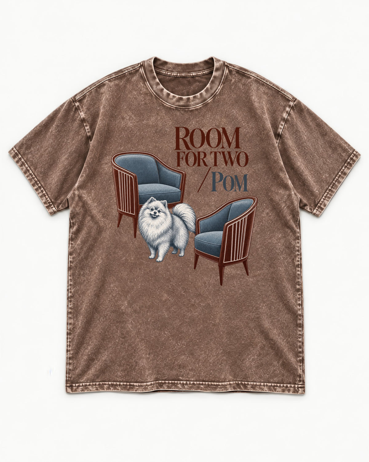 Room for Two with Pomeranian Washed Tee in Coffee, flat lay product photo