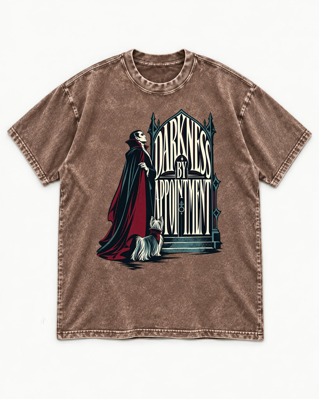 Darkness by Appointment with Yorkshire Terrier Washed Tee in Coffee, flat lay product photo
