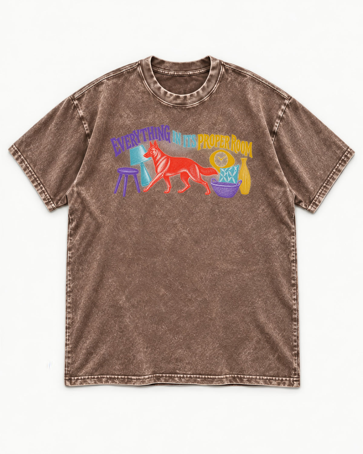 German Shepherd Dog In Its Proper Room Washed Tee in Coffee, flat lay product photo