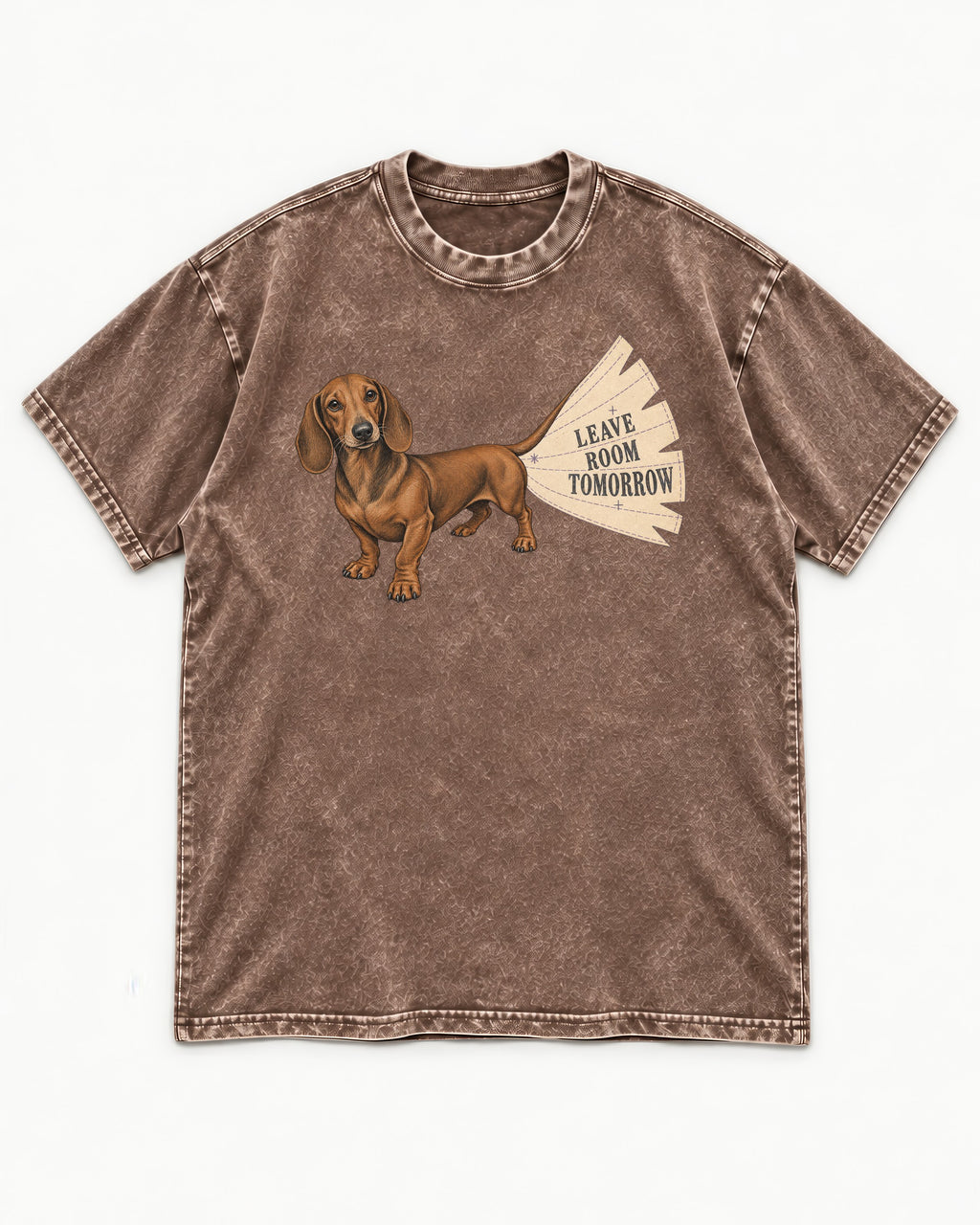Dachshund Leave Room Tomorrow Washed Tee in Coffee, flat lay product photo