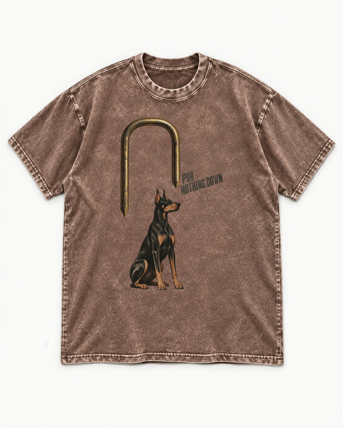 Nothing Pins Doberman Down Washed Tee in Coffee, flat lay product photo
