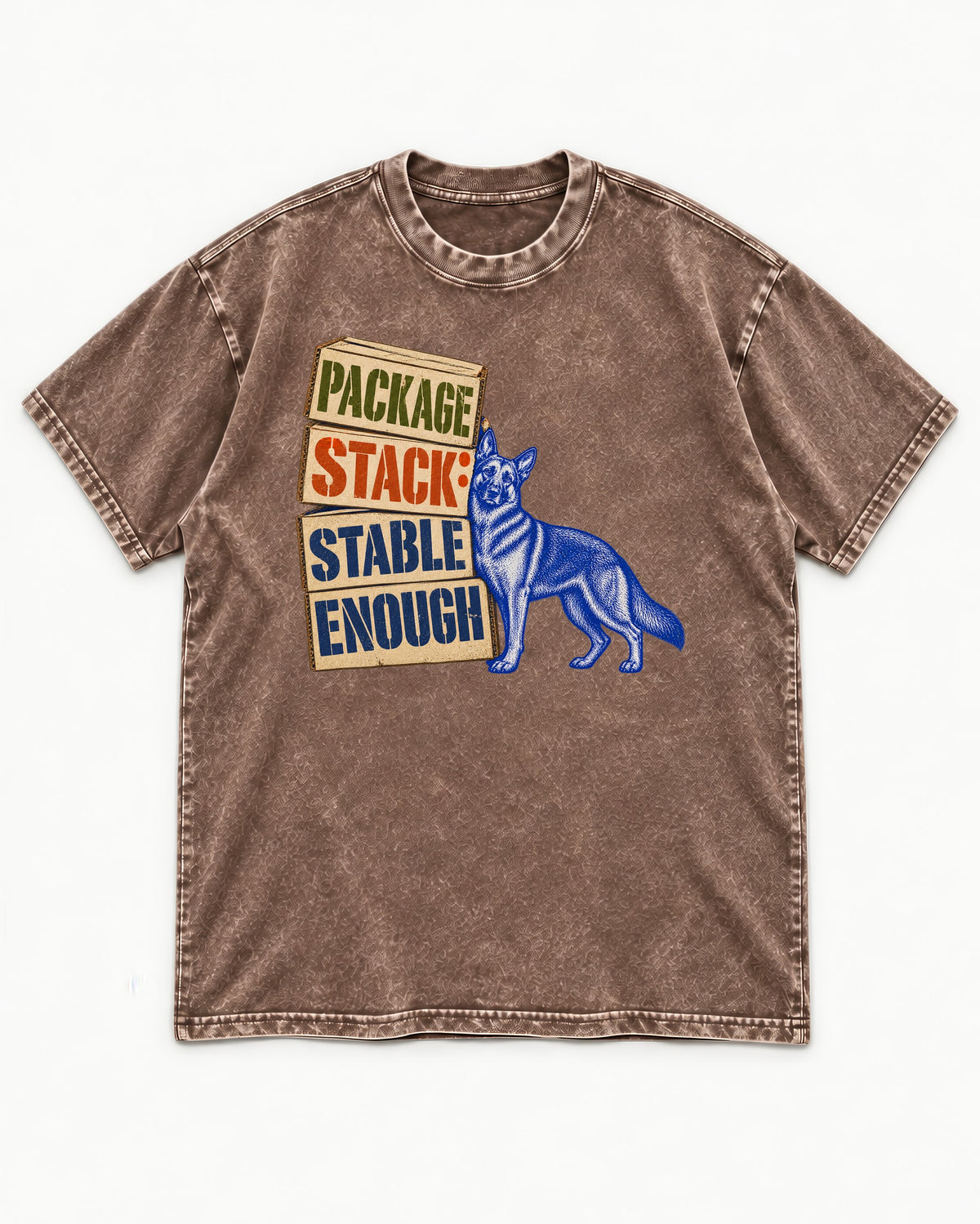 Package Stack Stable Enough German Shepherd Dog Washed Tee in Coffee, flat lay product photo