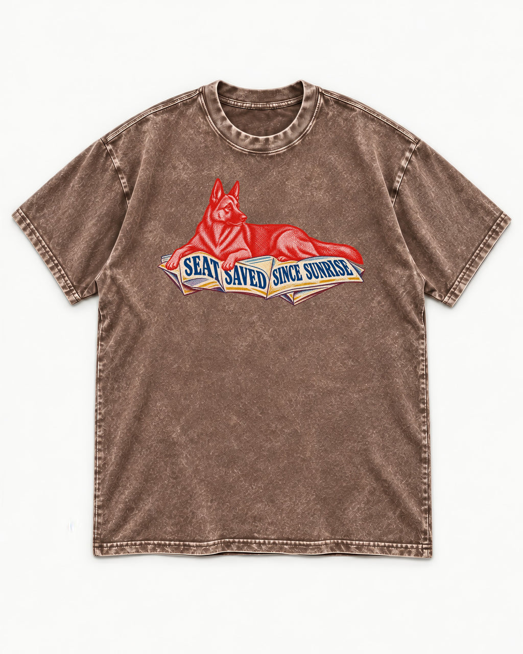 Seat Saved Since Sunrise German Shepherd Dog Washed Tee in Coffee, flat lay product photo