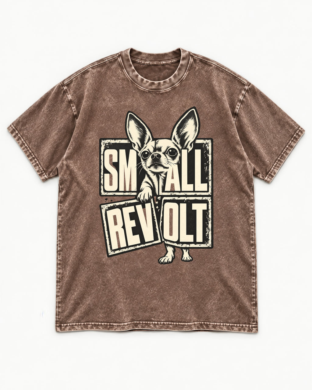 Chihuahua Small Revolt Broken Grid Graphic Washed Tee in Coffee, flat lay product photo