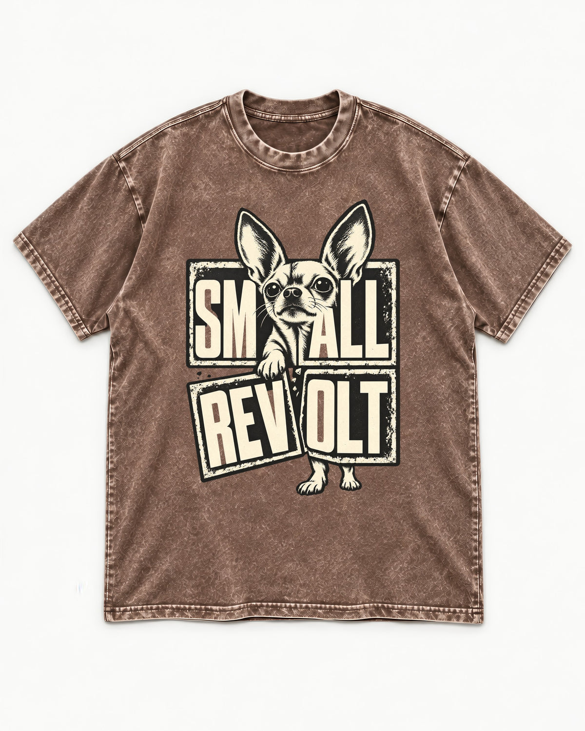 Chihuahua Small Revolt Broken Grid Graphic Washed Tee in Coffee, flat lay product photo