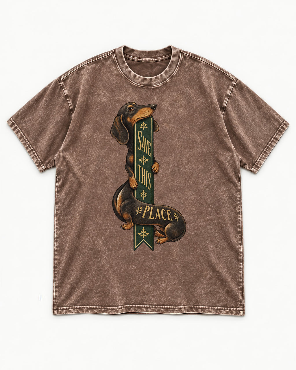 Save This Place Dachshund Washed Tee in Coffee, flat lay product photo
