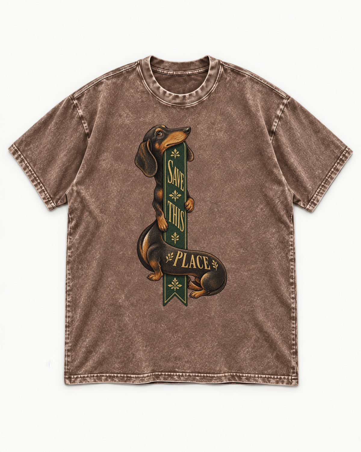 Save This Place Dachshund Washed Tee in Coffee, flat lay product photo