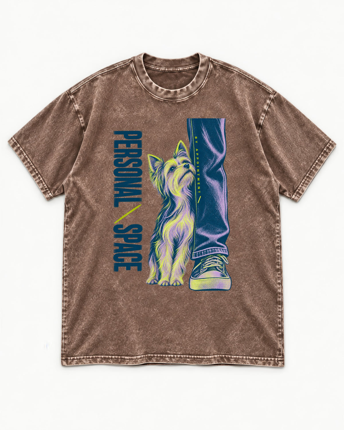 Yorkshire Terrier Personal Space by Appointment Washed Tee in Coffee, flat lay product photo