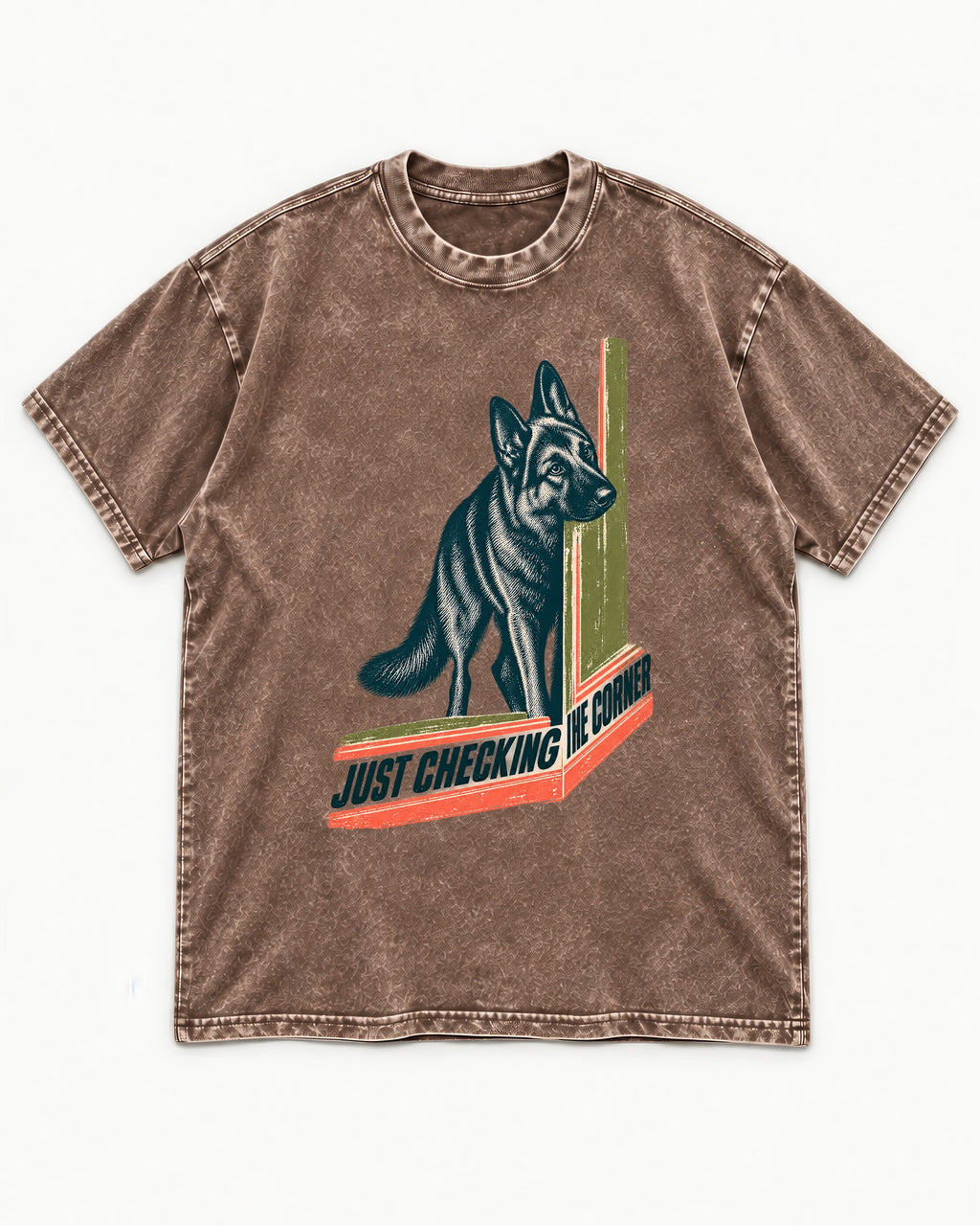 German Shepherd Dog Just Checking the Corner Washed Tee in Coffee, flat lay product photo