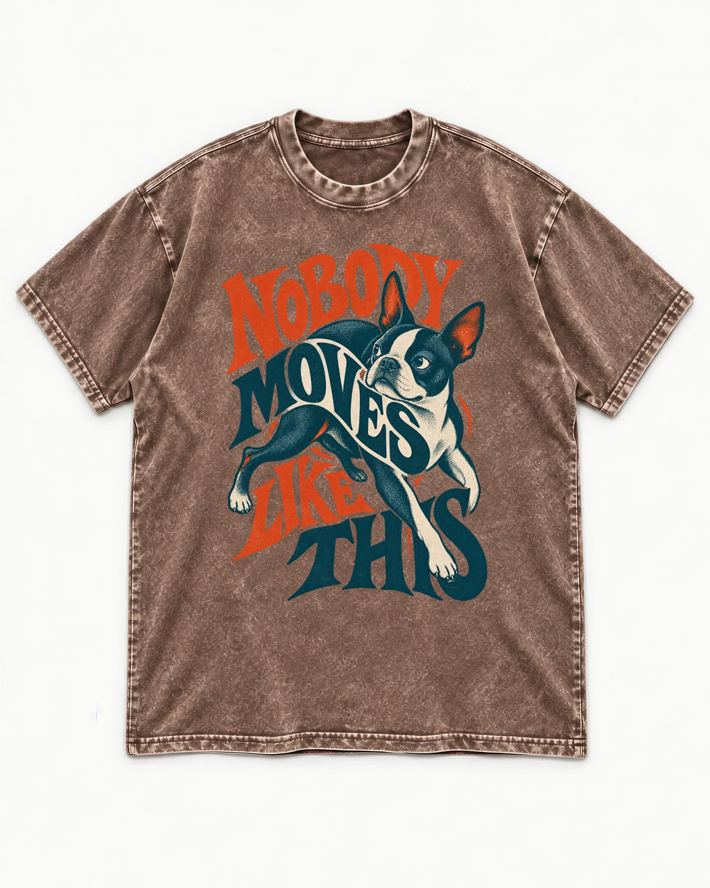 Nobody Moves Like This Boston Terrier Washed Tee in Coffee, flat lay product photo