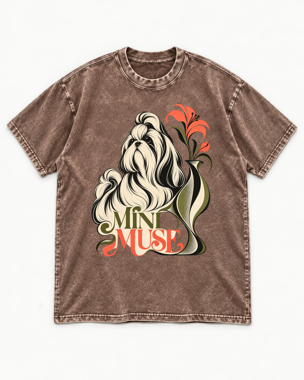 Shih Tzu Mini Muse Washed Tee in Coffee, flat lay product photo