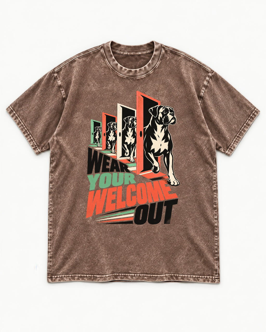 Wear Your Welcome Out Boxer Doorway Progression Graphic Washed Tee in Coffee, flat lay product photo