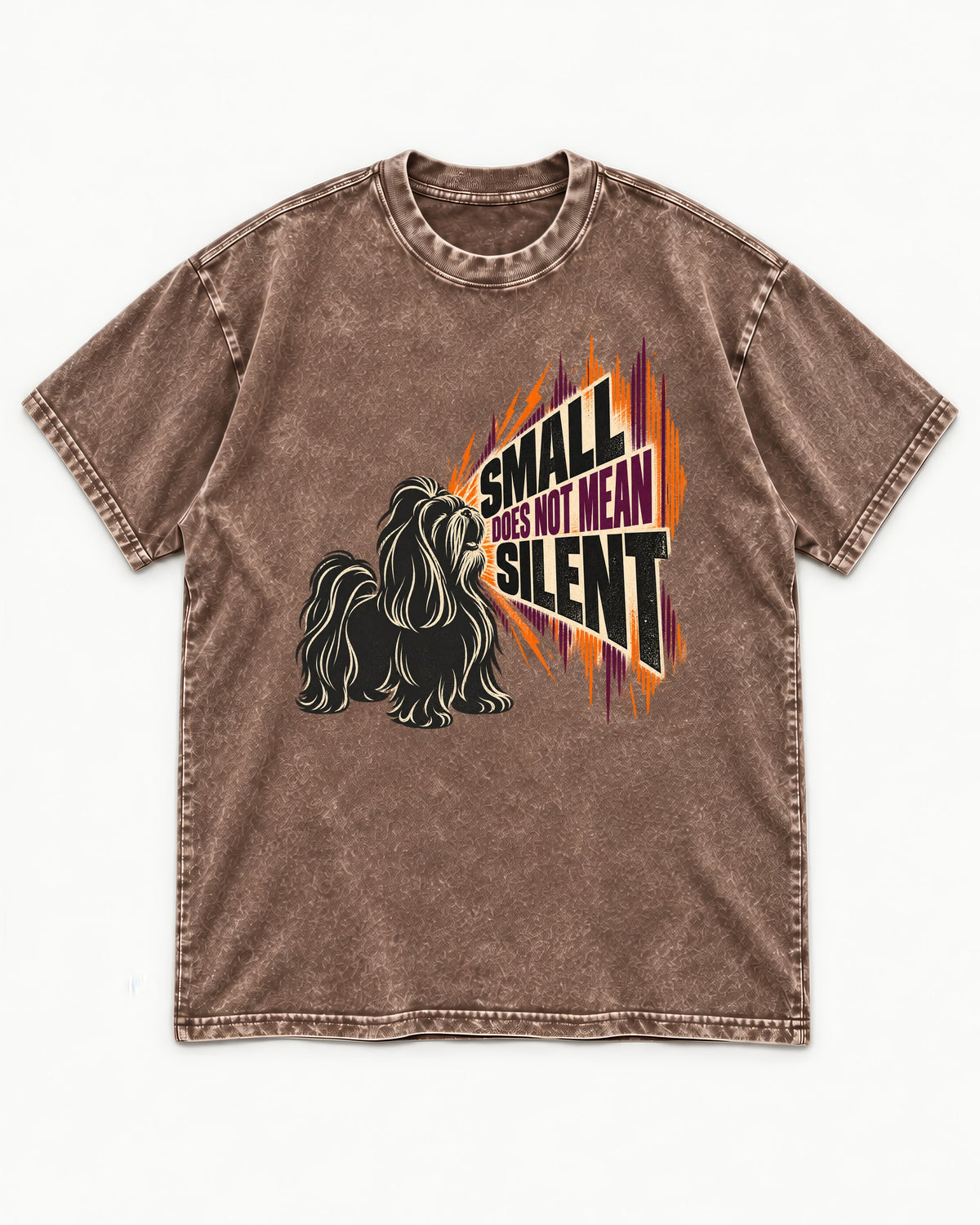 Small Not Silent Shih Tzu Washed Tee in Coffee, flat lay product photo
