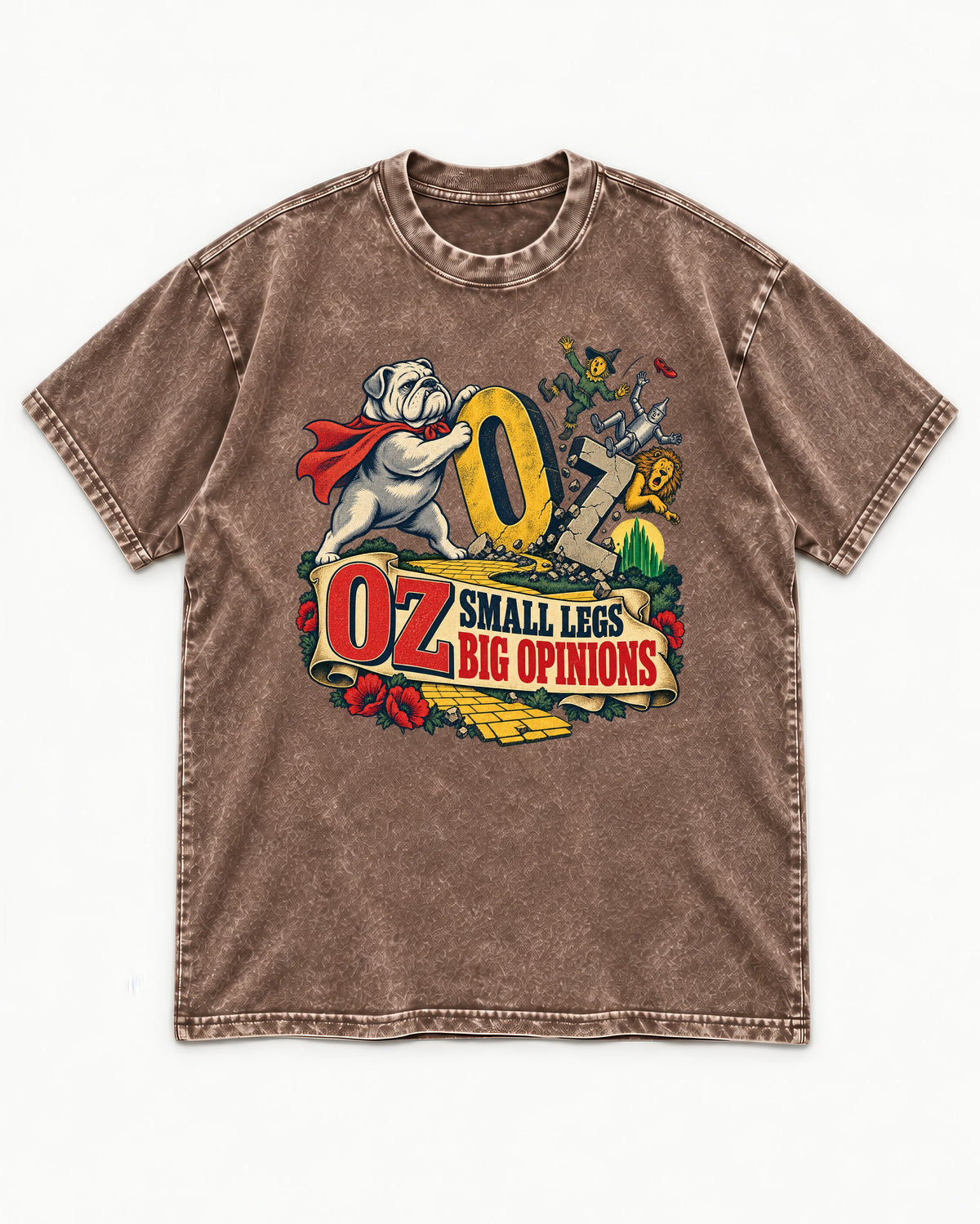 English Bulldog Small Legs Big Opinions Washed Tee in Coffee, flat lay product photo