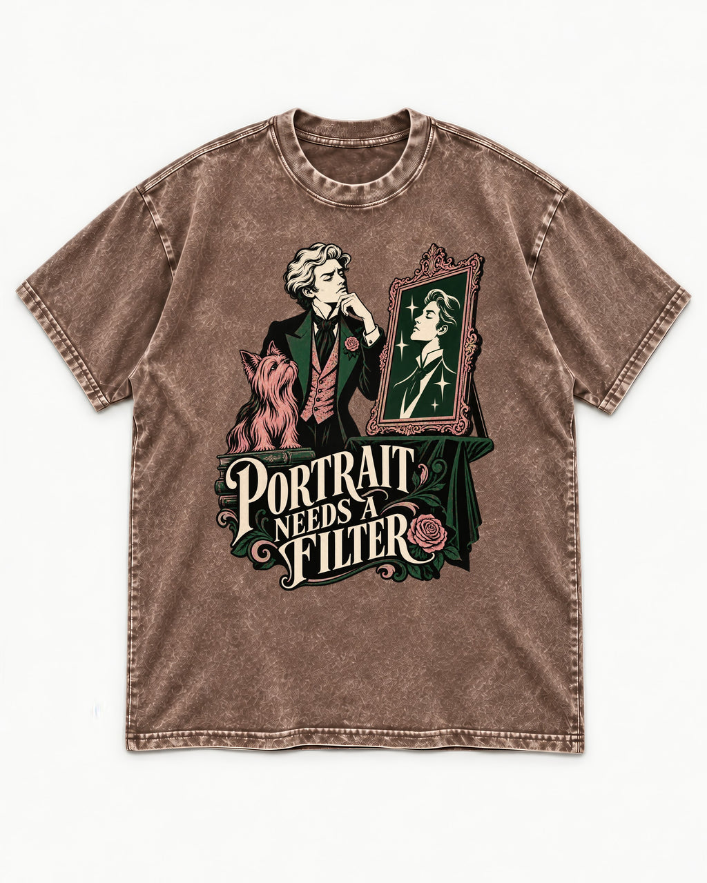 Yorkshire Terrier Needs a Filter Washed Tee in Coffee, flat lay product photo