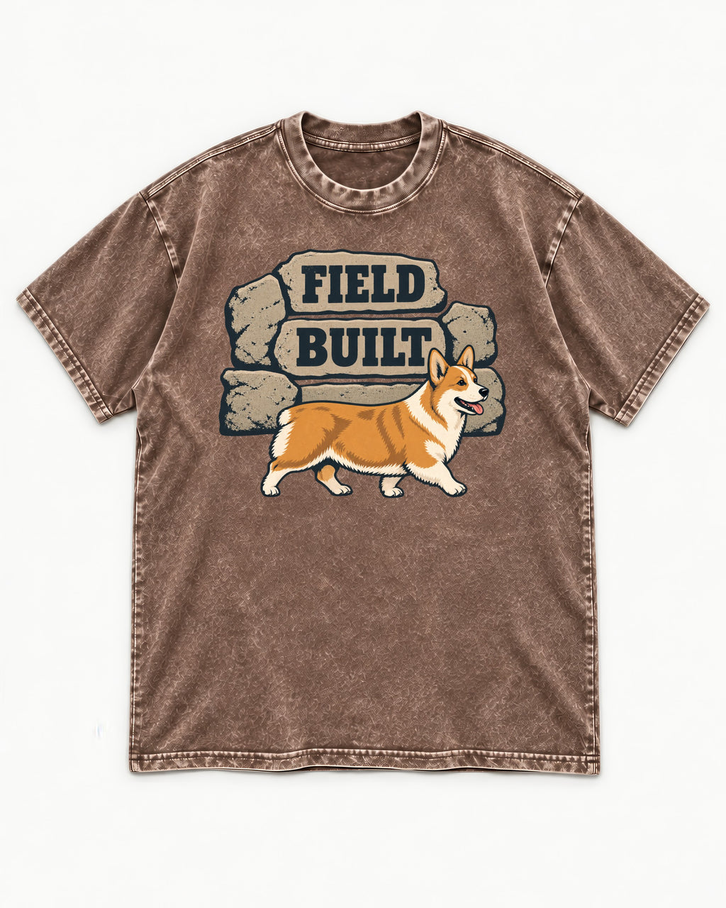 Field Built Corgi Washed Tee in Coffee, flat lay product photo