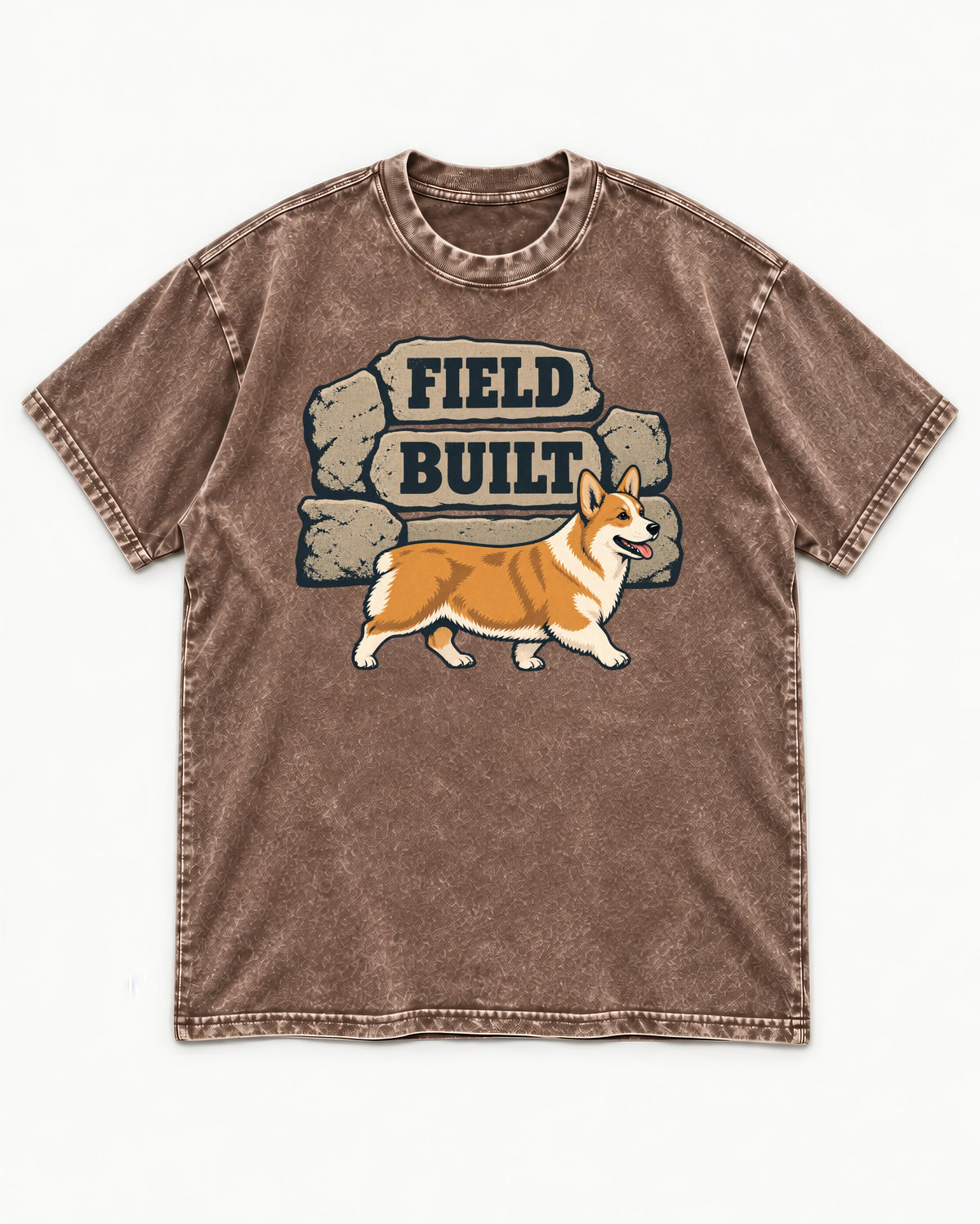Field Built Corgi Washed Tee in Coffee, flat lay product photo