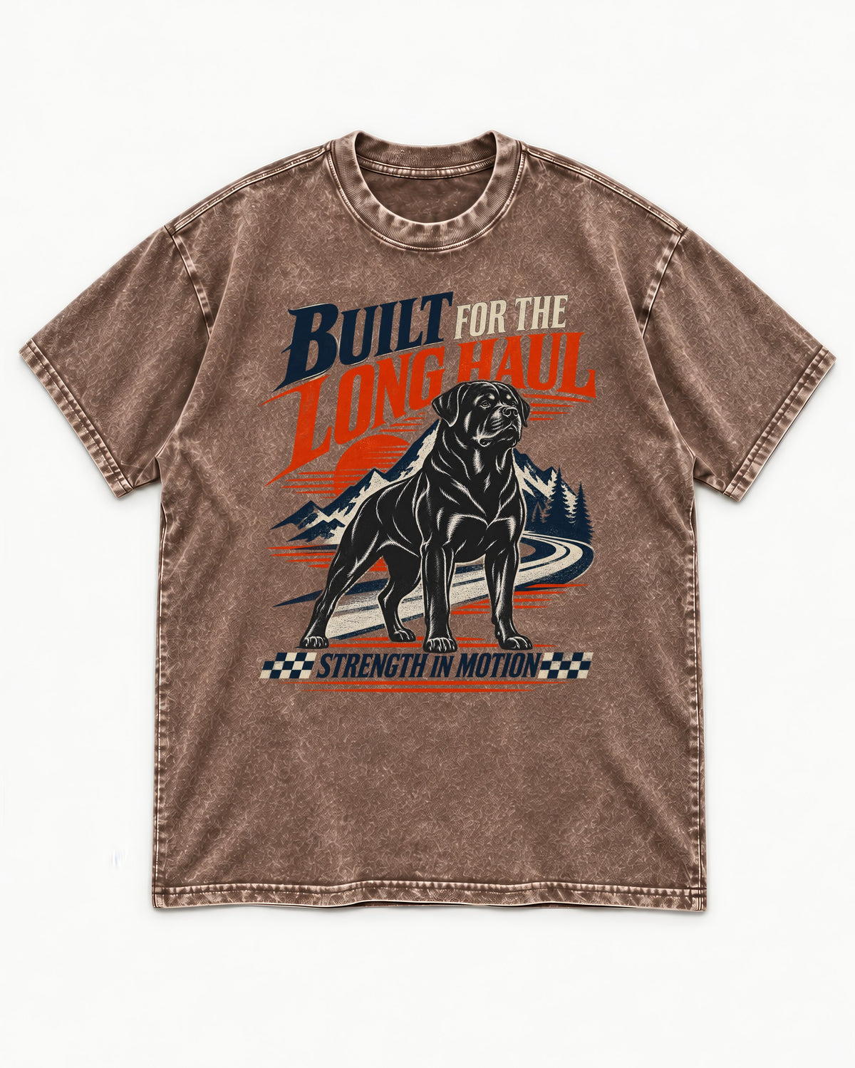 Built for the Long Haul Rottweiler Strength in Motion Washed Tee in Coffee, flat lay product photo