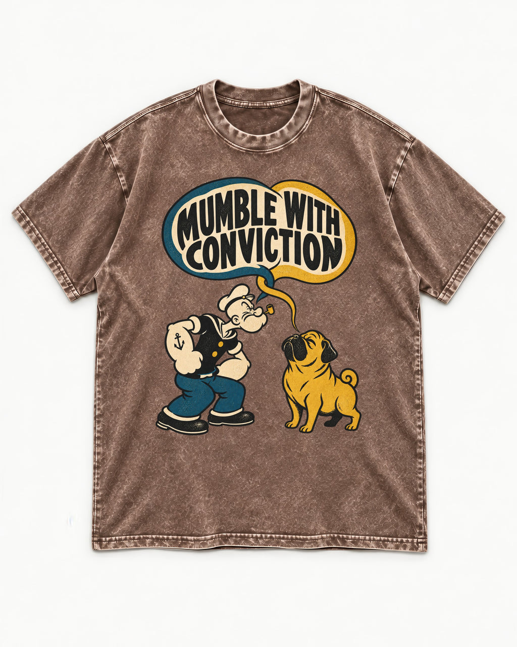 Pug Mumble with Conviction Washed Tee in Coffee, flat lay product photo