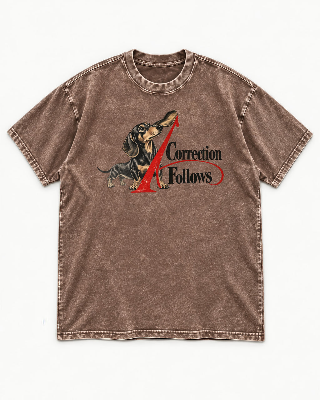 A Dachshund Correction Follows Washed Tee in Coffee, flat lay product photo