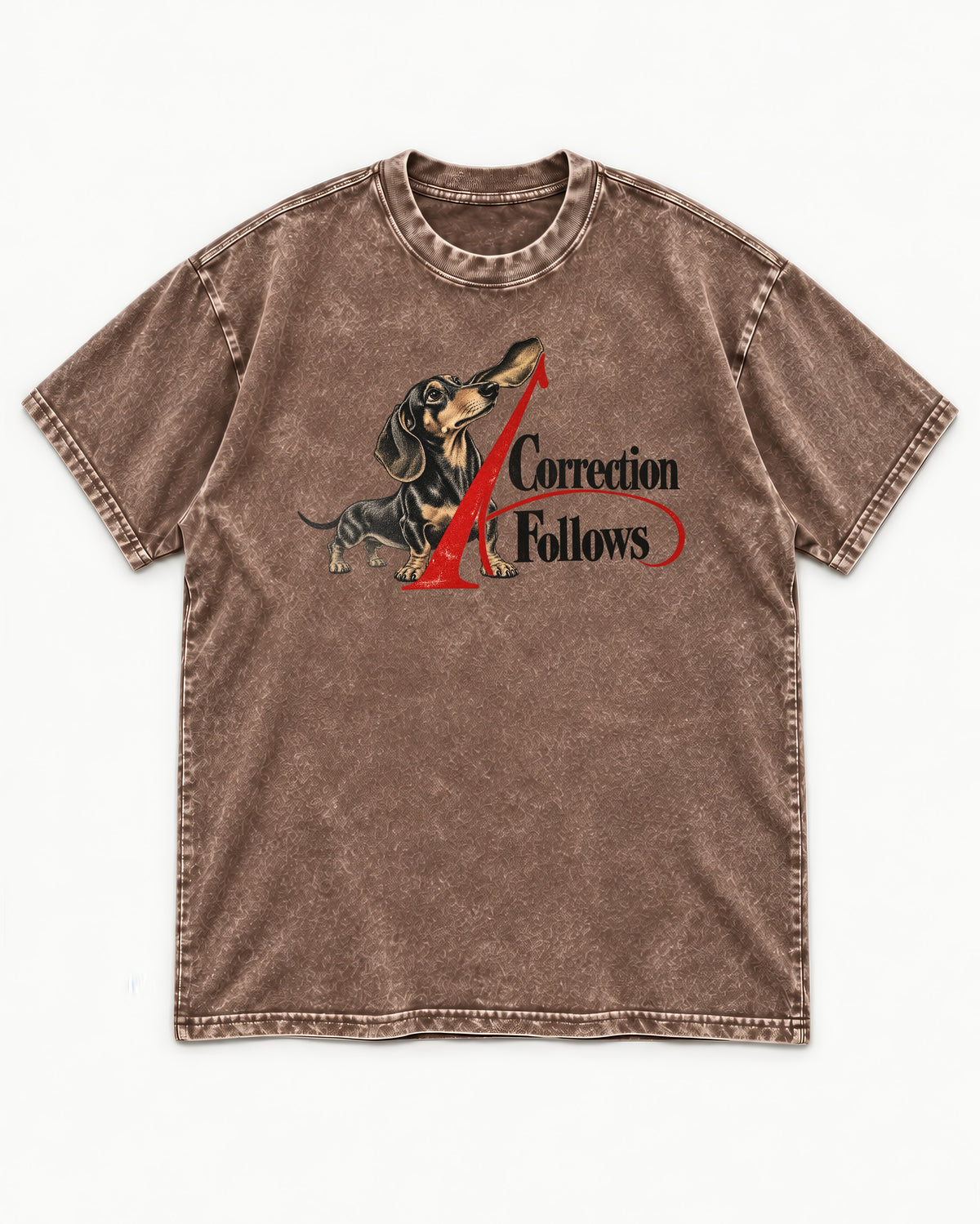 A Dachshund Correction Follows Washed Tee in Coffee, flat lay product photo