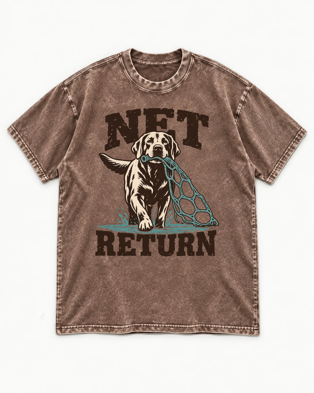 Net Return Labrador Retriever Washed Tee in Coffee, flat lay product photo