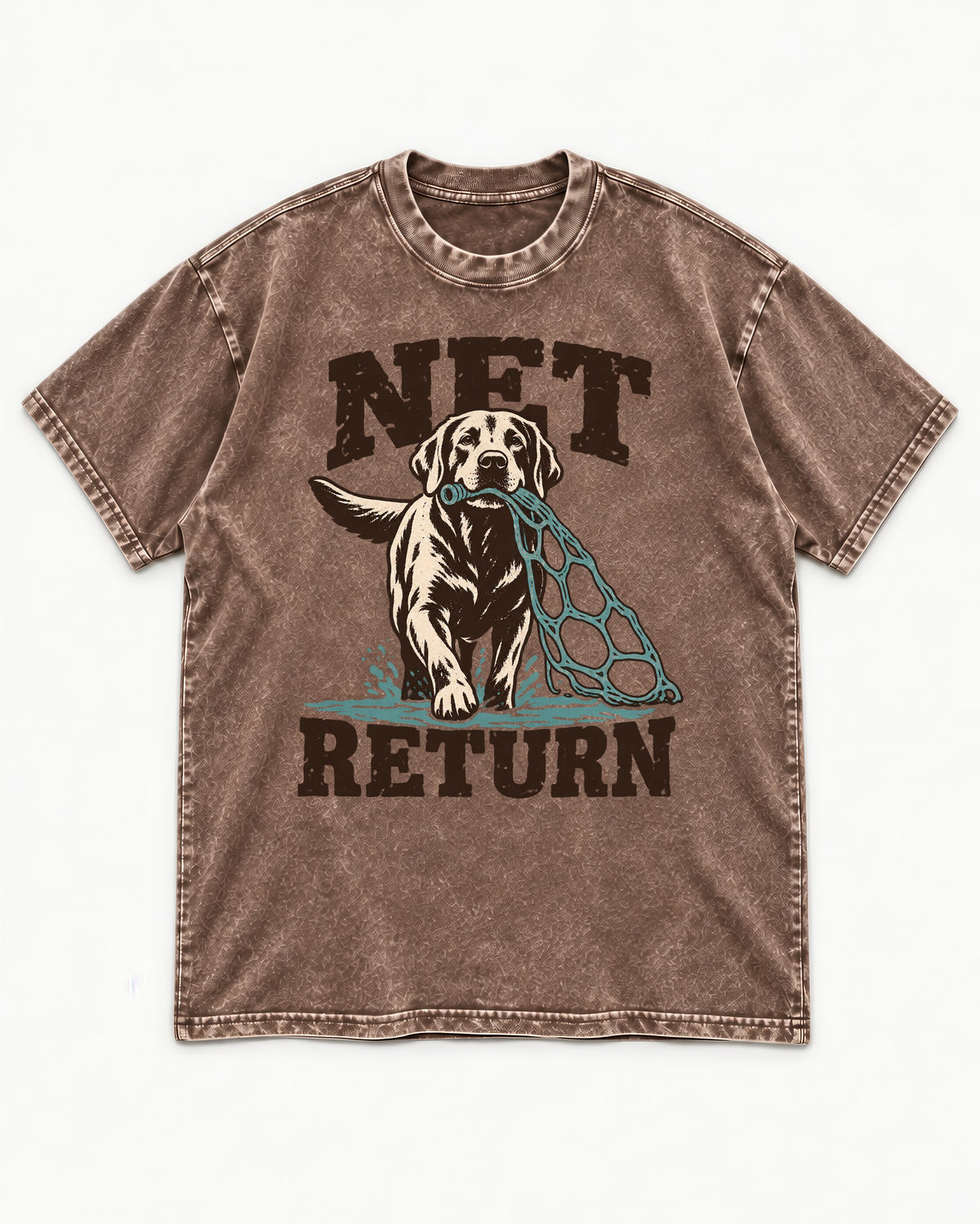 Net Return Labrador Retriever Washed Tee in Coffee, flat lay product photo