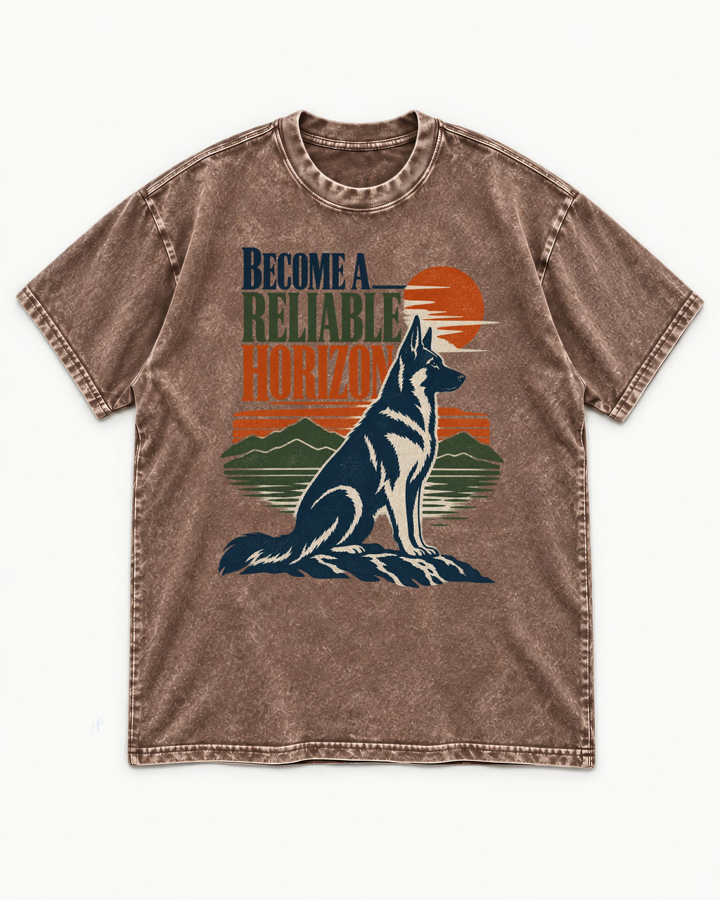 German Shepherd Dog Become a Reliable Horizon Washed Tee in Coffee, flat lay product photo